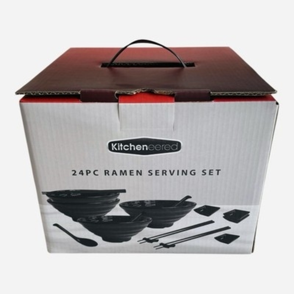 Kitcheneered 24-Pcs Ramen Serving Set Black Melamine Bowls Spoons Chopsticks NIB